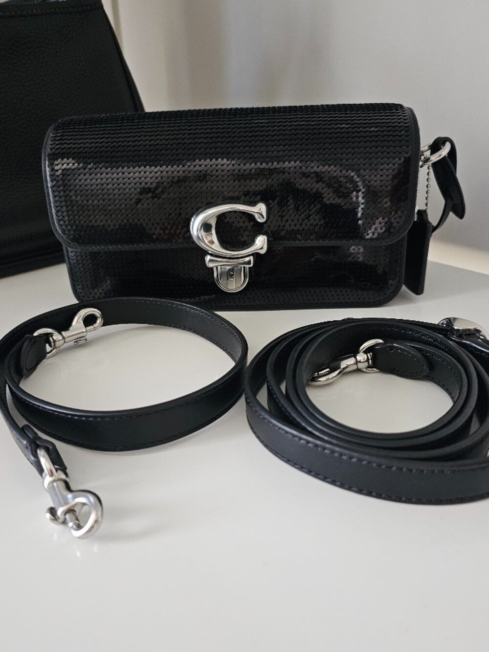 Coach Studio Baguette 20 Black Sequin Bag Silver Hardware CM428